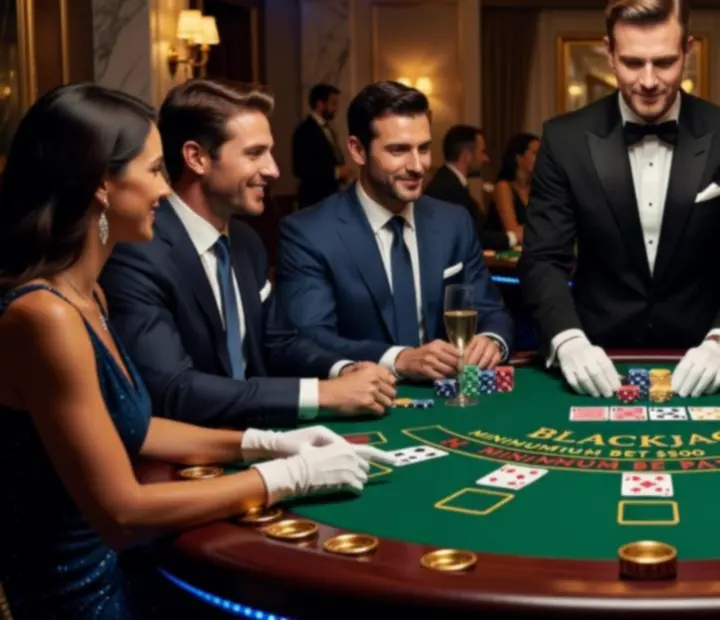 Guests gathered around a Fenlito blackjack table with a professional croupier at a private Canadian event