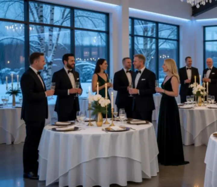 Elegant corporate gala reception with Fenlito felt tables set beside round dinner tables