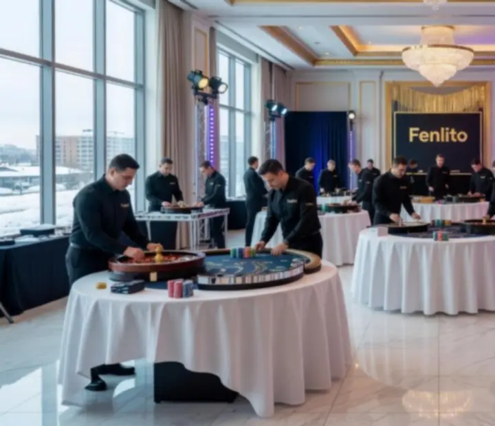 Elegant Canadian corporate gala with ice-white linens, gold accents, and a mobile blackjack table hosted by Fenlito