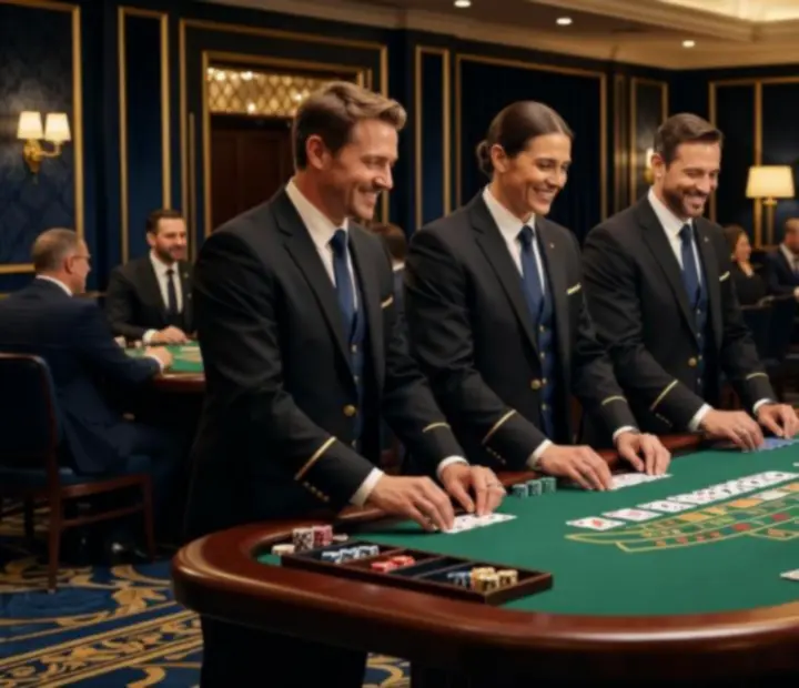 Professional Canadian croupiers in formal uniforms hosting felt tables