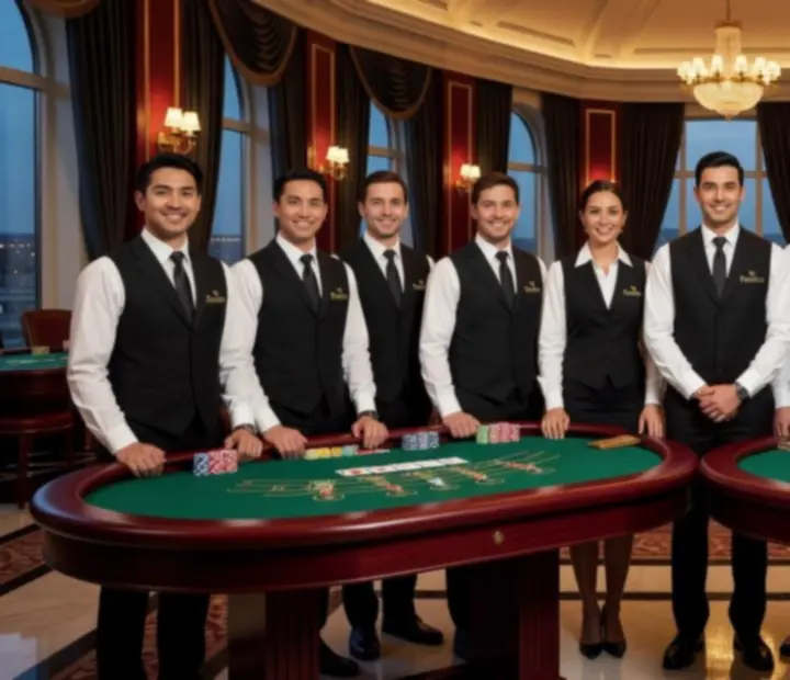 Fenlito croupiers in formal attire hosting guests at live felt tables during a Canadian private event