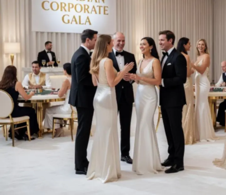 Elegant winter-inspired corporate gala with gold-accented décor and gaming-style entertainment