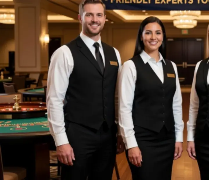 Fenlito croupier team in formal attire preparing felt tables for an event