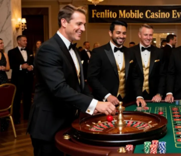 Professional croupiers and gaming hosts running blackjack and roulette tables at a Fenlito gaming-themed event