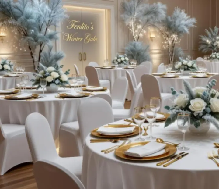 Bright corporate gala reception with elegant table settings and a mobile blackjack table in play