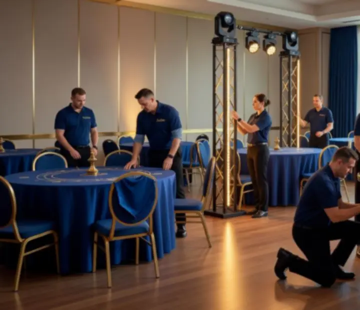 Fenlito onsite team installing felt tables, lighting, and décor inside a Canadian event venue