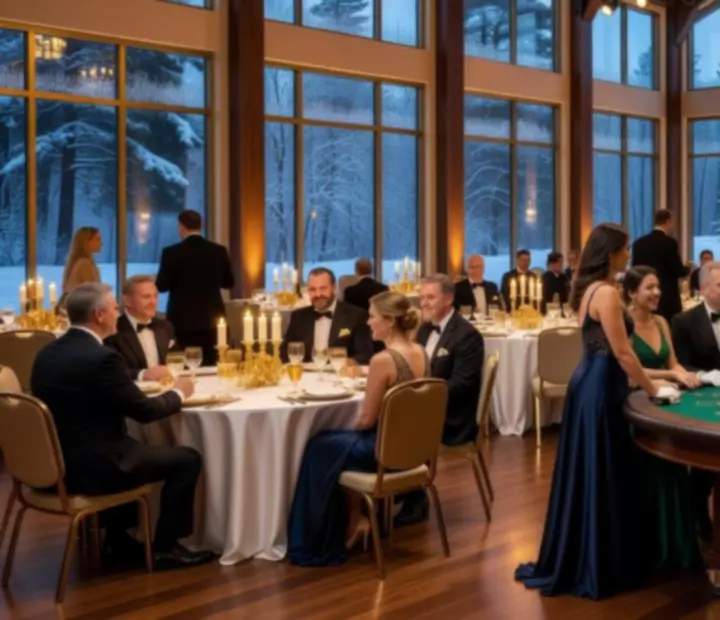 Elegant Canadian gala reception with felt tables and guests enjoying a mobile blackjack table