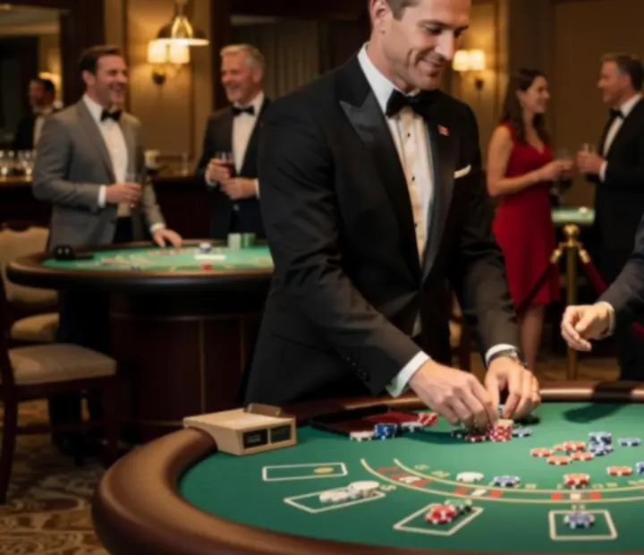 Fenlito croupier guiding guests through a felt table experience at an elegant reception