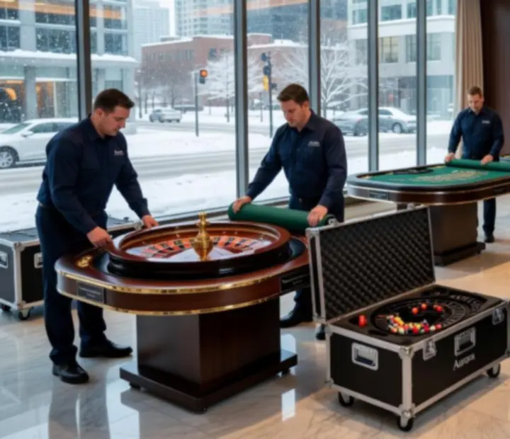 Fenlito crew transporting professional roulette and blackjack tables into a Canadian event venue