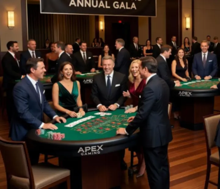 Guests enjoying mobile gaming tables with roulette and blackjack at an upscale event