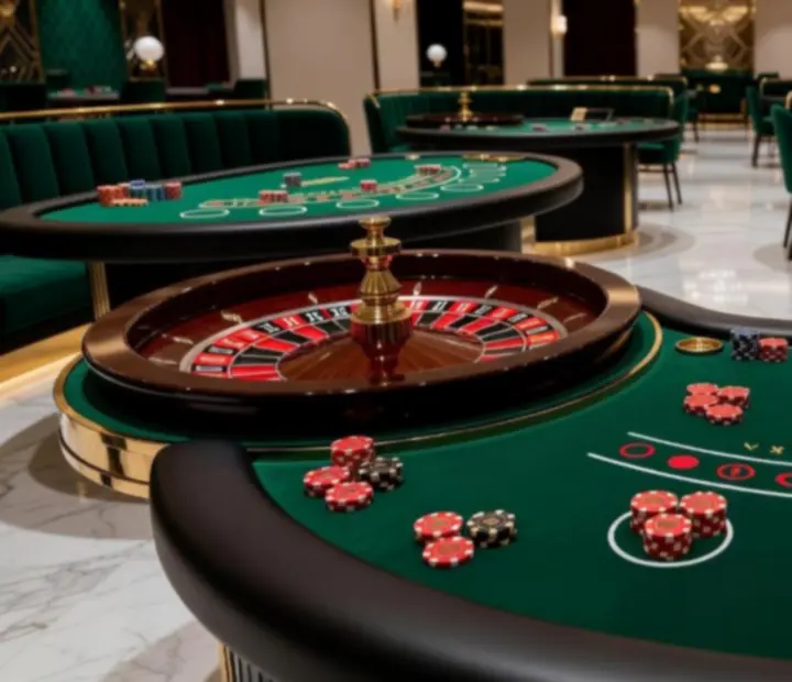 Premium roulette, blackjack, and poker tables with gold-detailed decor