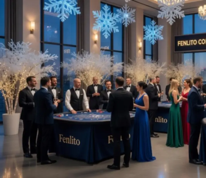 Toronto skyline visible through windows at a company anniversary gala with Fenlito felt tables and gold décor