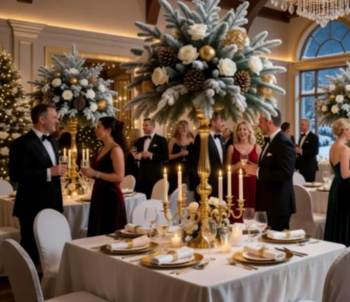 Elegant winter gala reception with snow-white linens and gold accents hosted by Fenlito